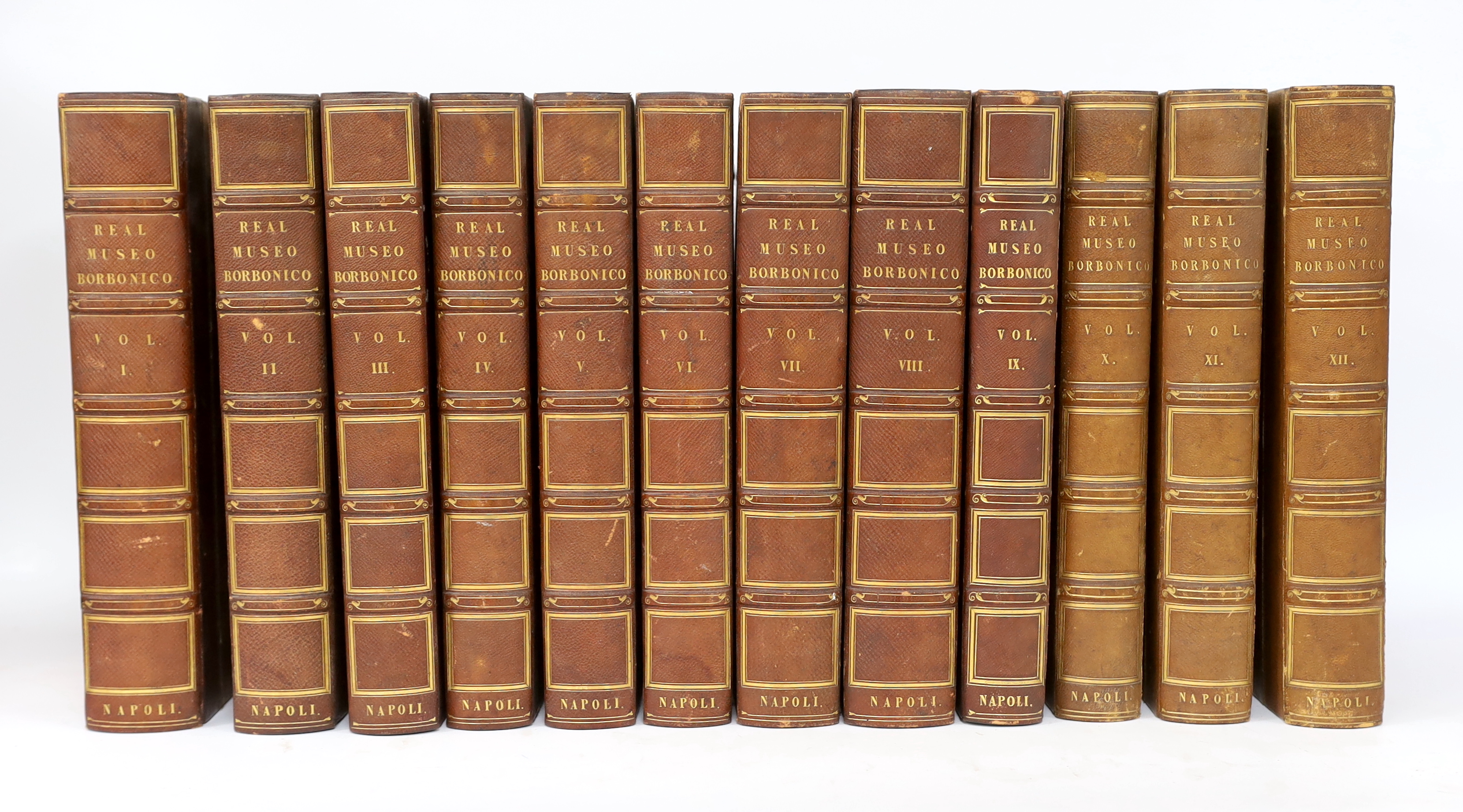 Real Museo Borbonico. vols. I-12 (only, ex 16). many engraved plates (some folded); mid 19th cent. gilt ruled maroon half morocco and cloth with panelled spines and gilt tops, 4to. Naples, 1824-39